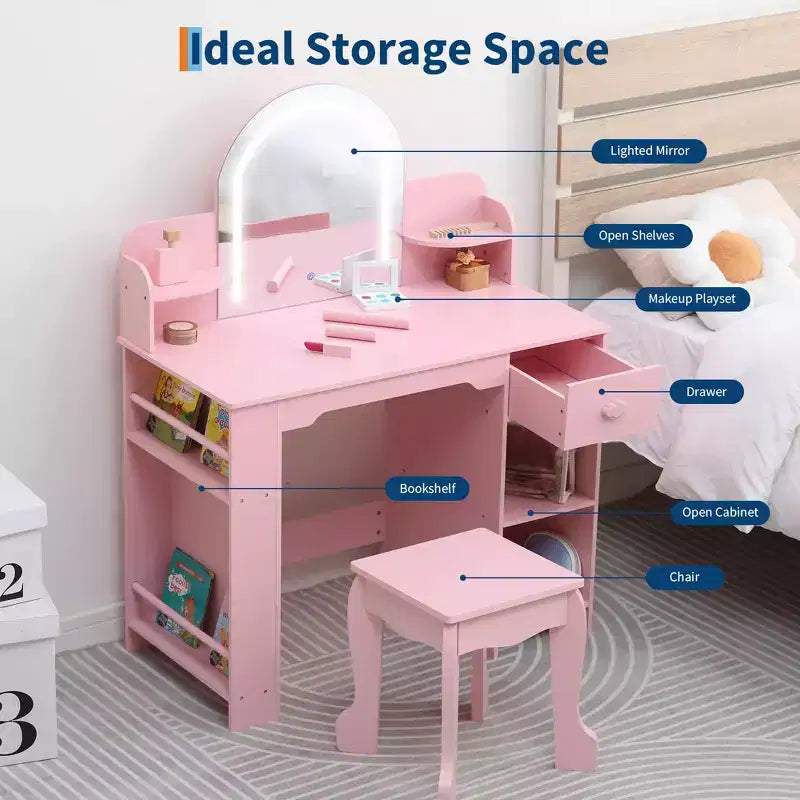 Kids Vanity Desk with Mirror, Makeup Vanity Table with Stool, Bookshelf, Drawer & Shelves, Wood Princess Dressing Table for Girls Bedroom,Playroom