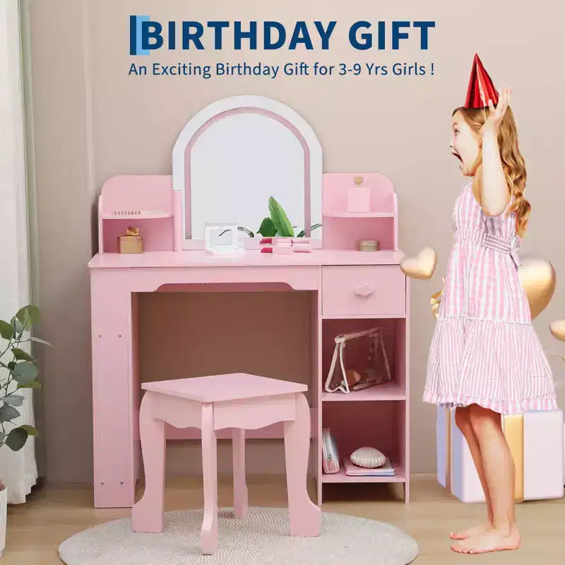 Kids Vanity Desk with Mirror, Makeup Vanity Table with Stool, Bookshelf, Drawer & Shelves, Wood Princess Dressing Table for Girls Bedroom,Playroom
