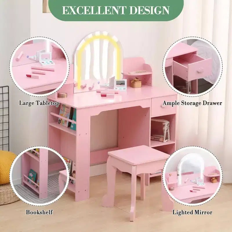 Kids Vanity Desk with Mirror, Makeup Vanity Table with Stool, Bookshelf, Drawer & Shelves, Wood Princess Dressing Table for Girls Bedroom,Playroom