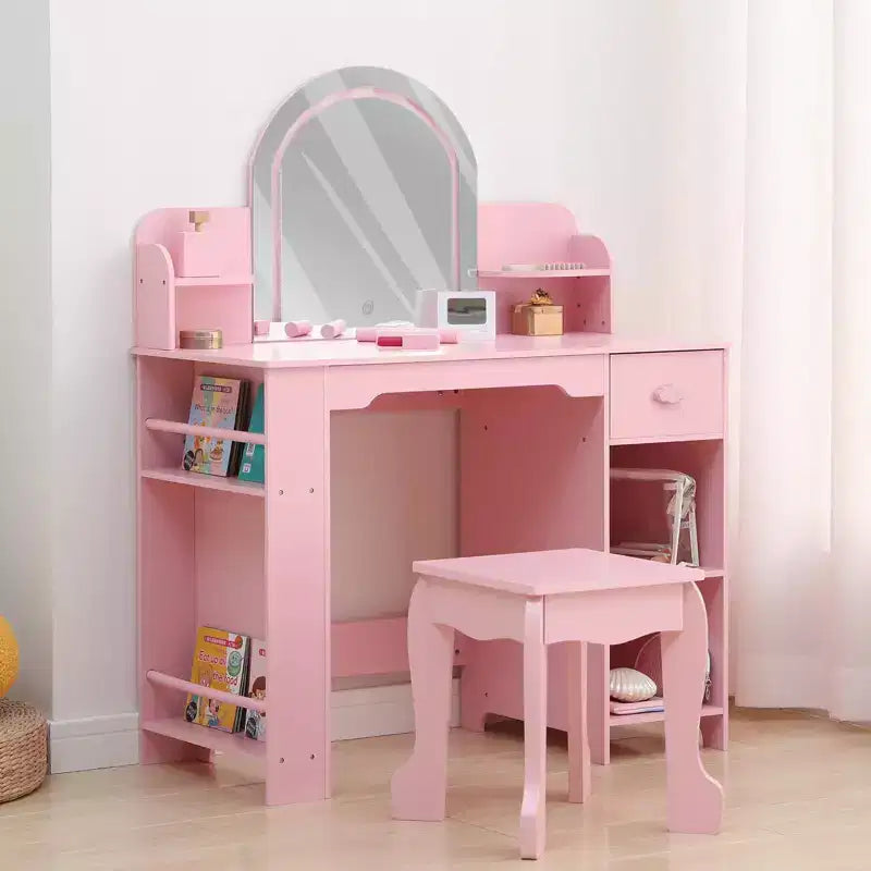 Kids Vanity Desk with Mirror, Makeup Vanity Table with Stool, Bookshelf, Drawer & Shelves, Wood Princess Dressing Table for Girls Bedroom,Playroom