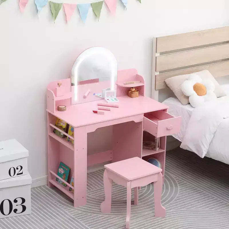 Kids Vanity Desk with Mirror, Makeup Vanity Table with Stool, Bookshelf, Drawer & Shelves, Wood Princess Dressing Table for Girls Bedroom,Playroom