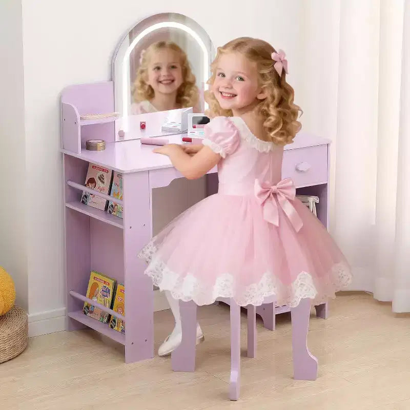 Kids Vanity Desk with Mirror, Makeup Vanity Table with Stool, Bookshelf, Drawer & Shelves, Wood Princess Dressing Table for Girls Bedroom,Playroom