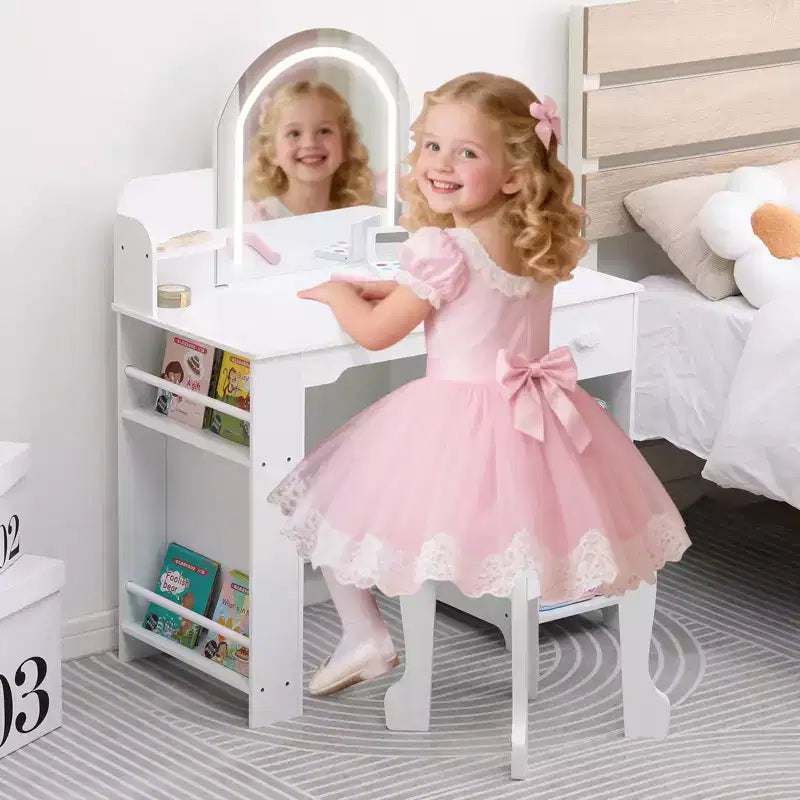 Kids Vanity Desk with Mirror, Makeup Vanity Table with Stool, Bookshelf, Drawer & Shelves, Wood Princess Dressing Table for Girls Bedroom,Playroom