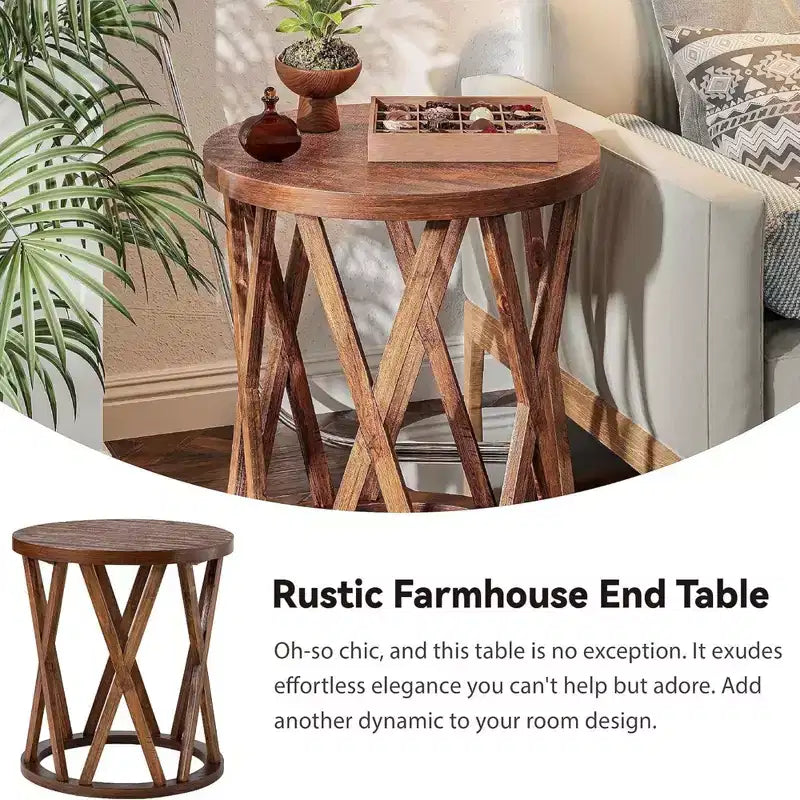 COZAYH Farmhouse End Table, Rustic Round Top with X-Motifs Legs, Brown, Set of 2