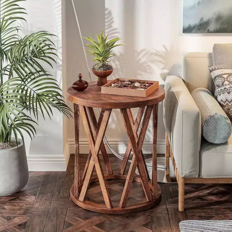 COZAYH Farmhouse End Table, Rustic Round Top with X-Motifs Legs, Brown, Set of 2