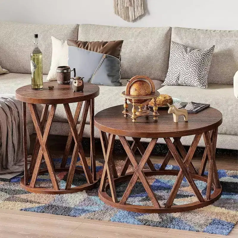 COZAYH Farmhouse End Table, Rustic Round Top with X-Motifs Legs, Brown, Set of 2
