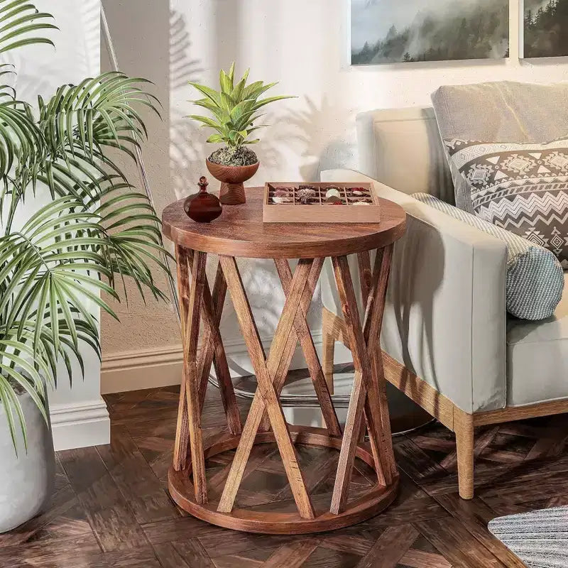 COZAYH Farmhouse End Table, Rustic Round Top with X-Motifs Legs, Brown, Set of 2