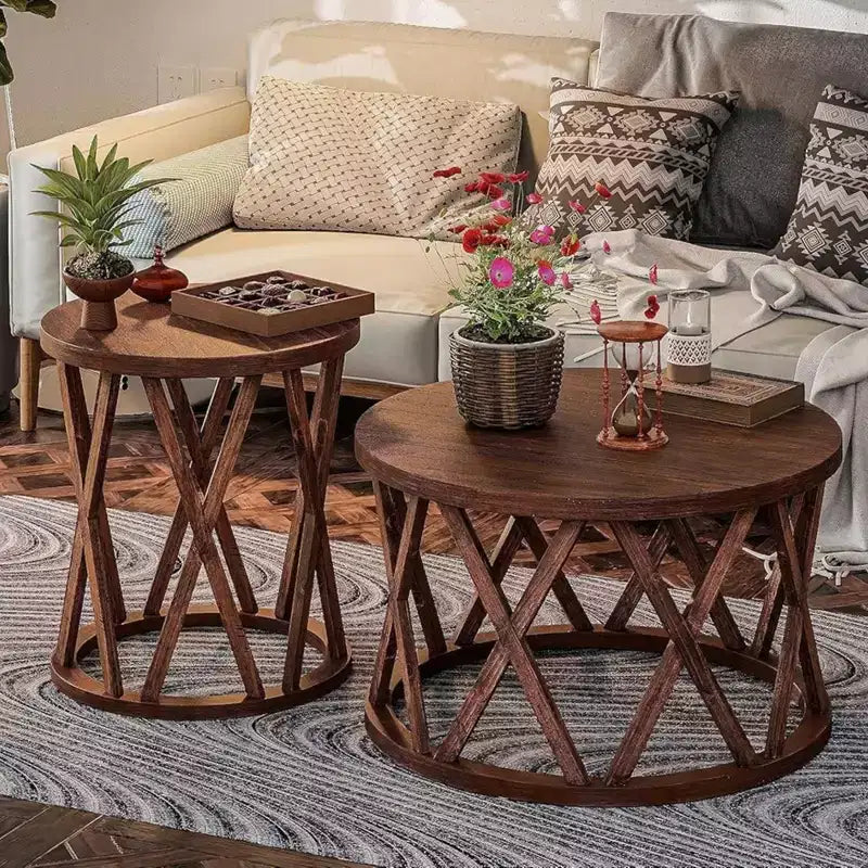 COZAYH Farmhouse End Table, Rustic Round Top with X-Motifs Legs, Brown, Set of 2