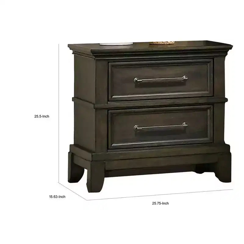 Royal Hampton 26 Inch Nightstand, 2 Drawers, Pewter Handles, Crown Mold, Wood, Gray