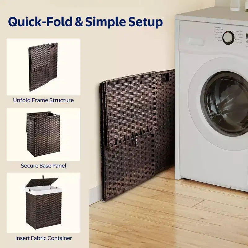 Greenstell Hand-woven, compartmentalized rattan laundry basket with 2 removable inner lining bags, lid, and handle, foldable