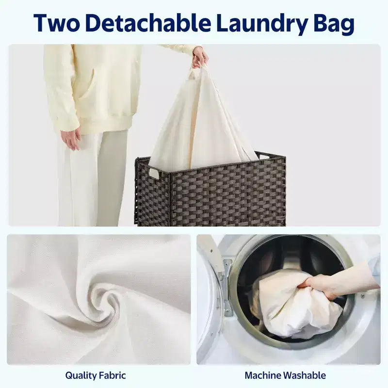 Greenstell Hand-woven, compartmentalized rattan laundry basket with 2 removable inner lining bags, lid, and handle, foldable