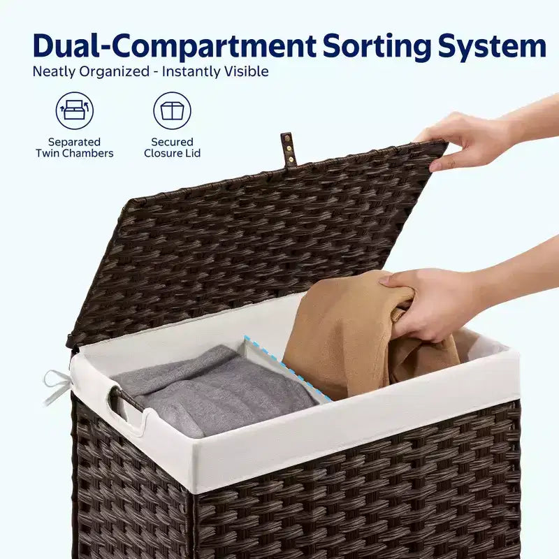 Greenstell Hand-woven, compartmentalized rattan laundry basket with 2 removable inner lining bags, lid, and handle, foldable