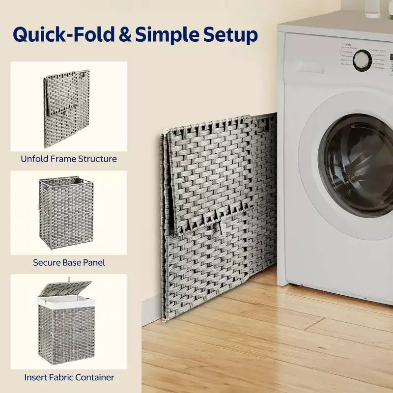 Greenstell Hand-woven, compartmentalized rattan laundry basket with 2 removable inner lining bags, lid, and handle, foldable