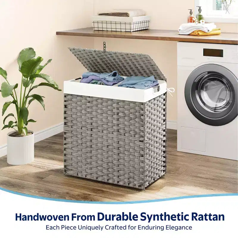 Greenstell Hand-woven, compartmentalized rattan laundry basket with 2 removable inner lining bags, lid, and handle, foldable