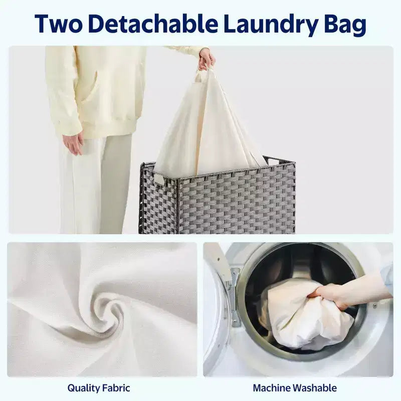 Greenstell Hand-woven, compartmentalized rattan laundry basket with 2 removable inner lining bags, lid, and handle, foldable