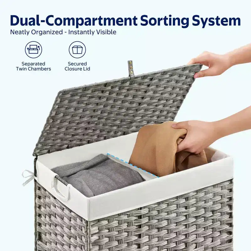 Greenstell Hand-woven, compartmentalized rattan laundry basket with 2 removable inner lining bags, lid, and handle, foldable