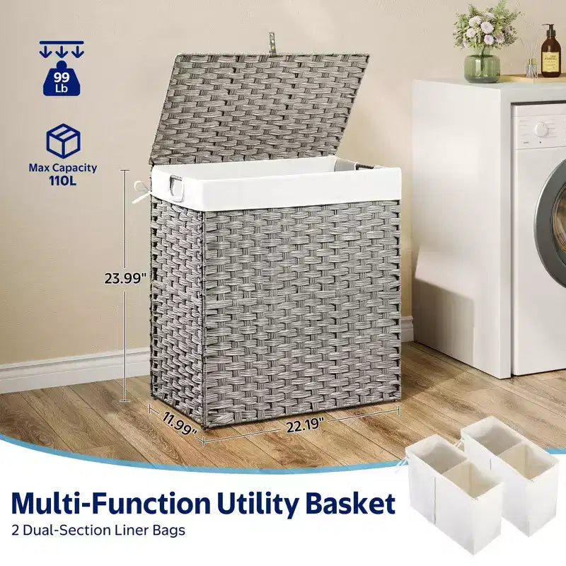 Greenstell Hand-woven, compartmentalized rattan laundry basket with 2 removable inner lining bags, lid, and handle, foldable