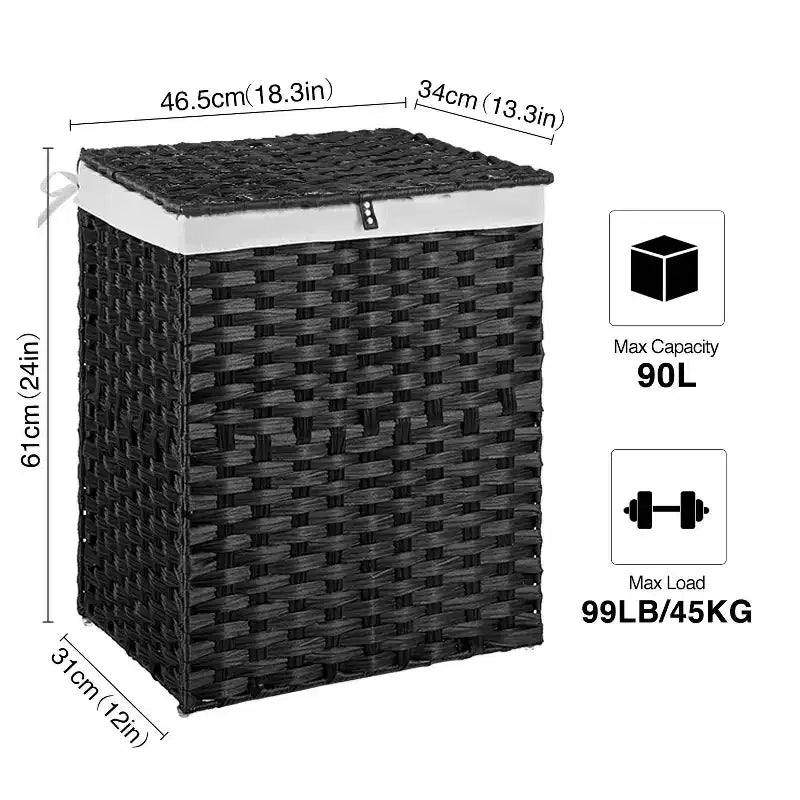 Greenstell Hand-woven, compartmentalized rattan laundry basket with 2 removable inner lining bags, lid, and handle, foldable