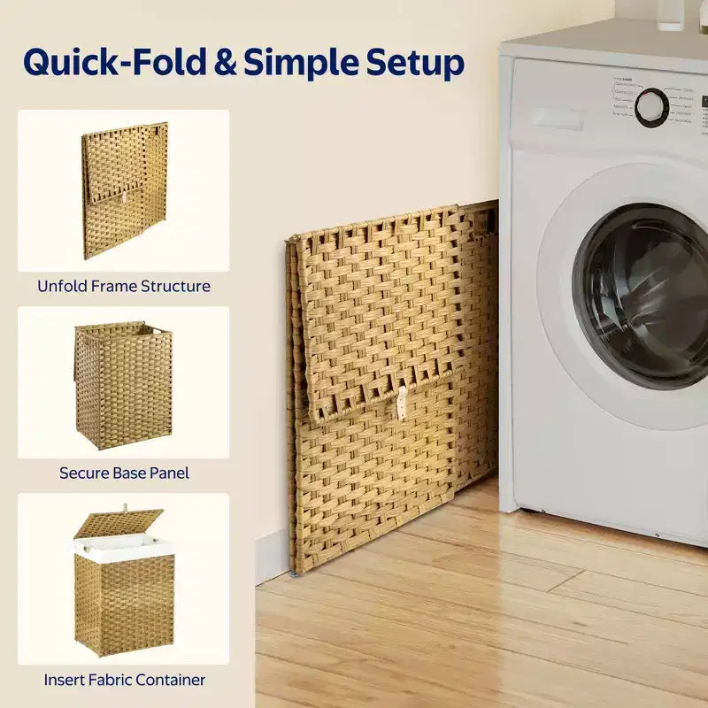 Greenstell Hand-woven, compartmentalized rattan laundry basket with 2 removable inner lining bags, lid, and handle, foldable