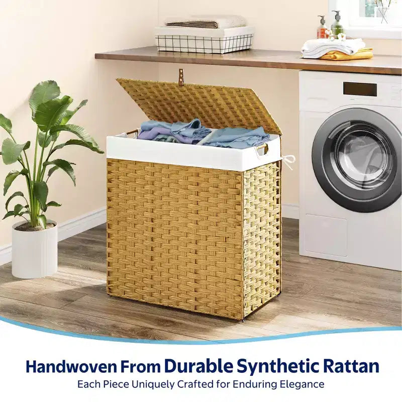 Greenstell Hand-woven, compartmentalized rattan laundry basket with 2 removable inner lining bags, lid, and handle, foldable