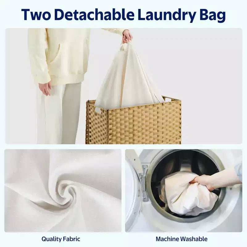 Greenstell Hand-woven, compartmentalized rattan laundry basket with 2 removable inner lining bags, lid, and handle, foldable