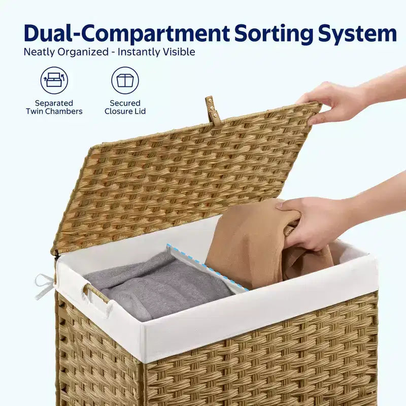Greenstell Hand-woven, compartmentalized rattan laundry basket with 2 removable inner lining bags, lid, and handle, foldable