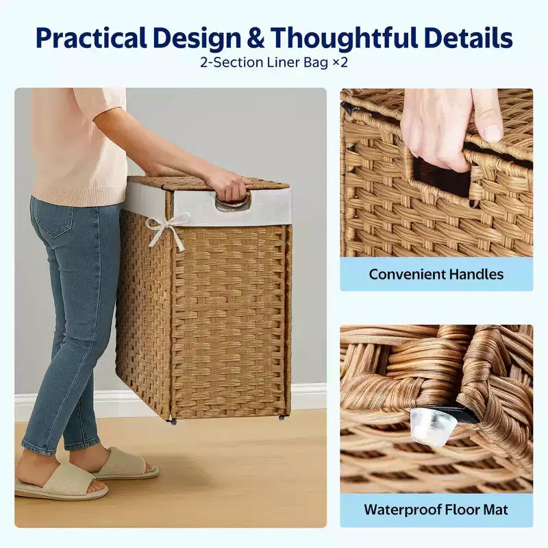 Greenstell Hand-woven, compartmentalized rattan laundry basket with 2 removable inner lining bags, lid, and handle, foldable