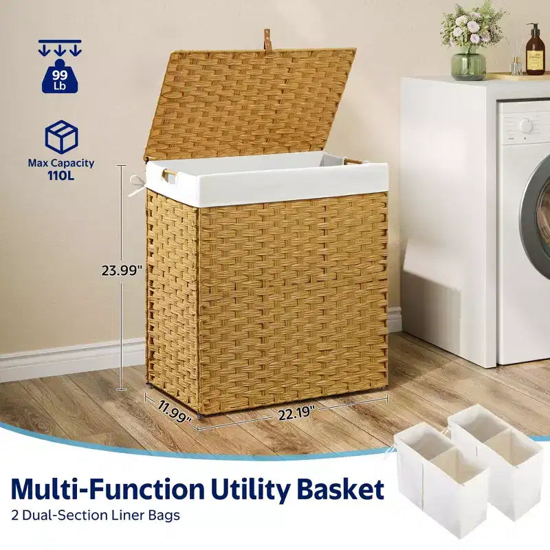 Greenstell Hand-woven, compartmentalized rattan laundry basket with 2 removable inner lining bags, lid, and handle, foldable