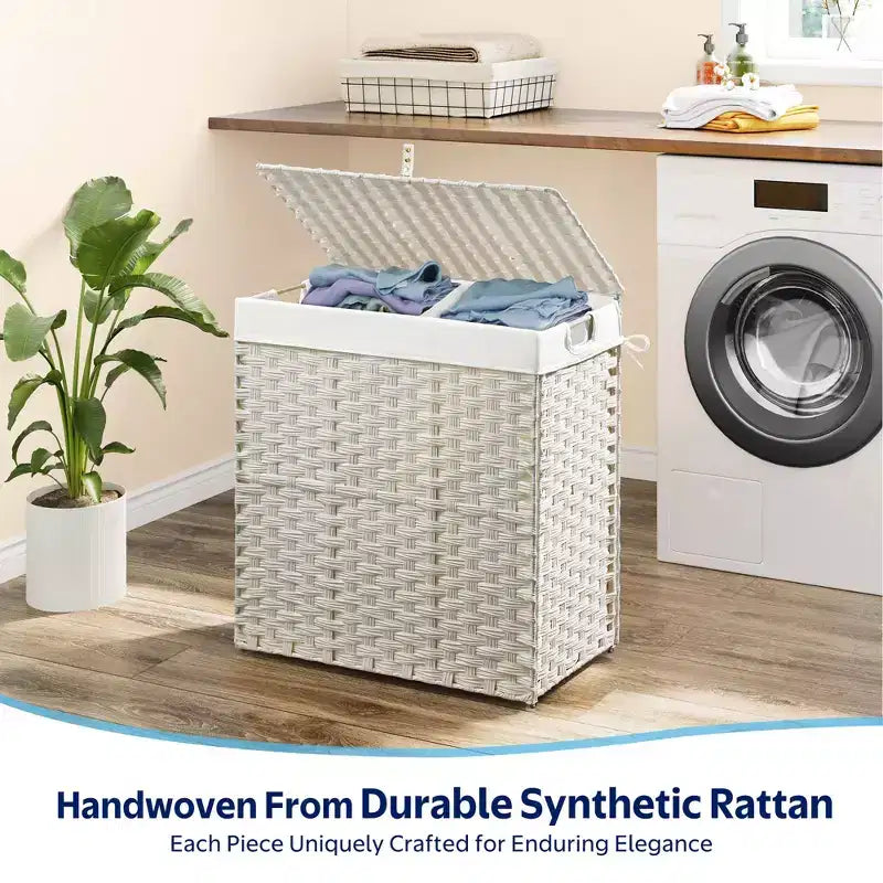 Greenstell Hand-woven, compartmentalized rattan laundry basket with 2 removable inner lining bags, lid, and handle, foldable