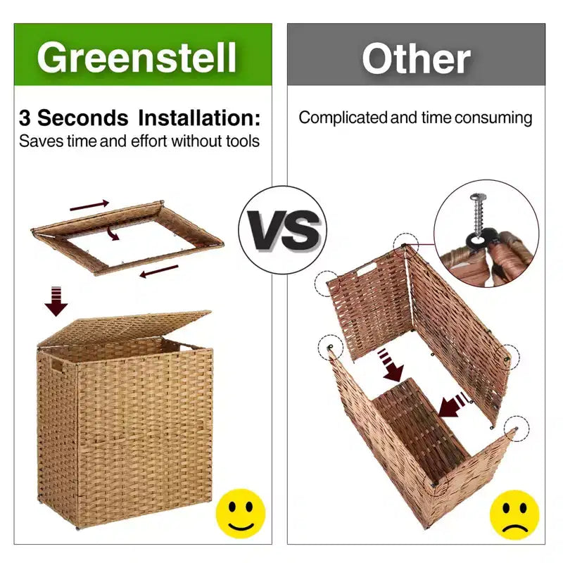 Greenstell Hand-woven, compartmentalized rattan laundry basket with 2 removable inner lining bags, lid, and handle, foldable