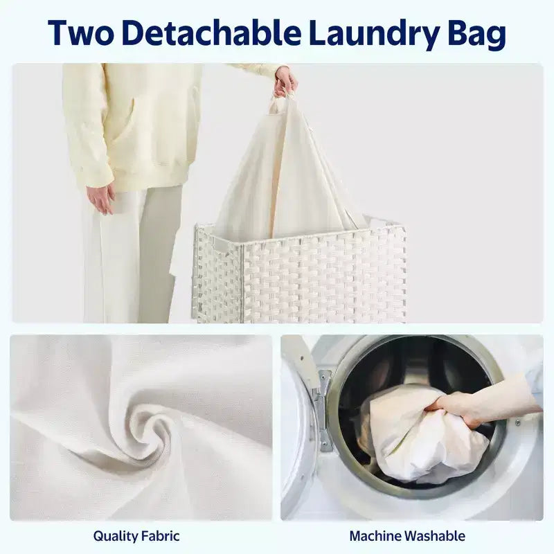 Greenstell Hand-woven, compartmentalized rattan laundry basket with 2 removable inner lining bags, lid, and handle, foldable