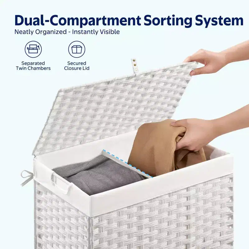 Greenstell Hand-woven, compartmentalized rattan laundry basket with 2 removable inner lining bags, lid, and handle, foldable