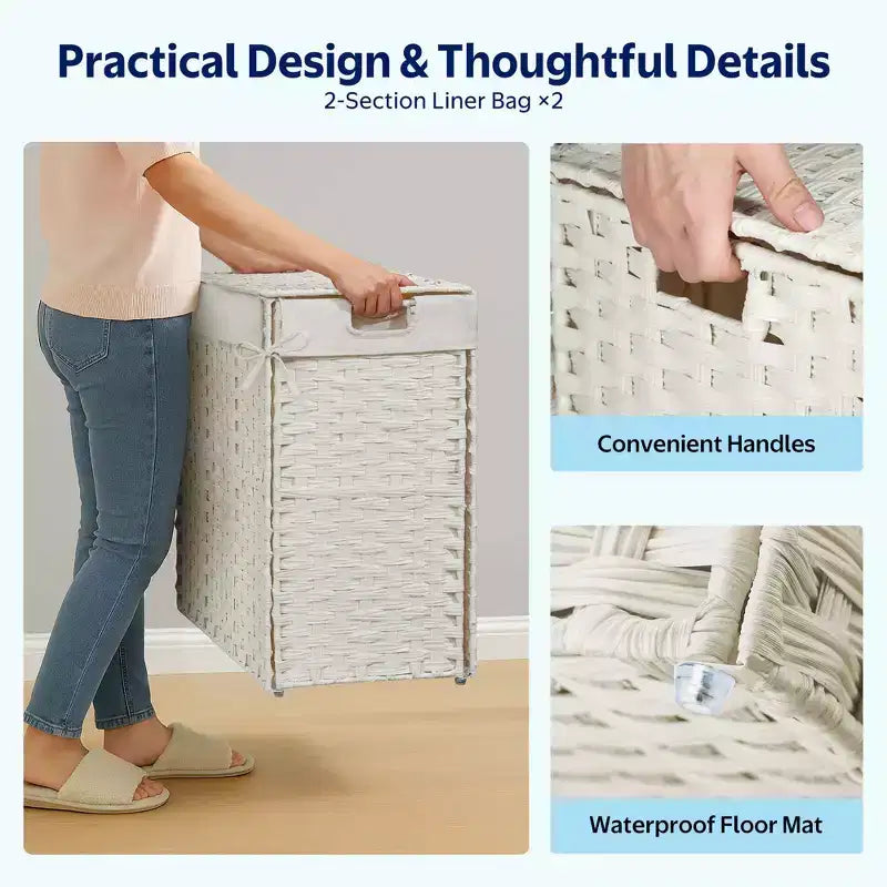 Greenstell Hand-woven, compartmentalized rattan laundry basket with 2 removable inner lining bags, lid, and handle, foldable