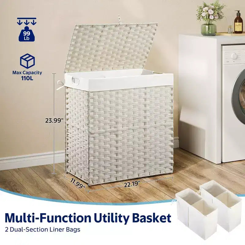 Greenstell Hand-woven, compartmentalized rattan laundry basket with 2 removable inner lining bags, lid, and handle, foldable