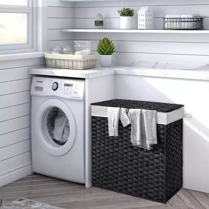 Greenstell Hand-woven, compartmentalized rattan laundry basket with 2 removable inner lining bags, lid, and handle, foldable