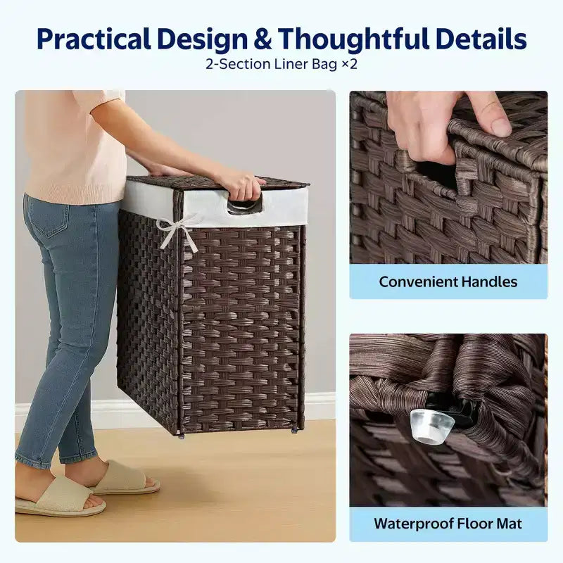 Greenstell Hand-woven, compartmentalized rattan laundry basket with 2 removable inner lining bags, lid, and handle, foldable