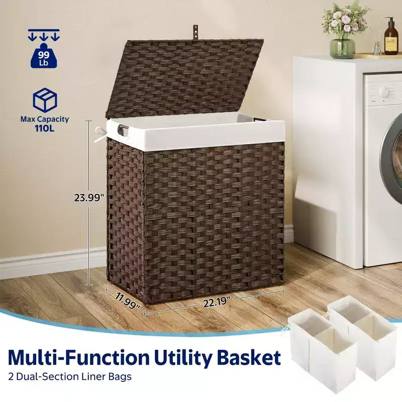 Greenstell Hand-woven, compartmentalized rattan laundry basket with 2 removable inner lining bags, lid, and handle, foldable