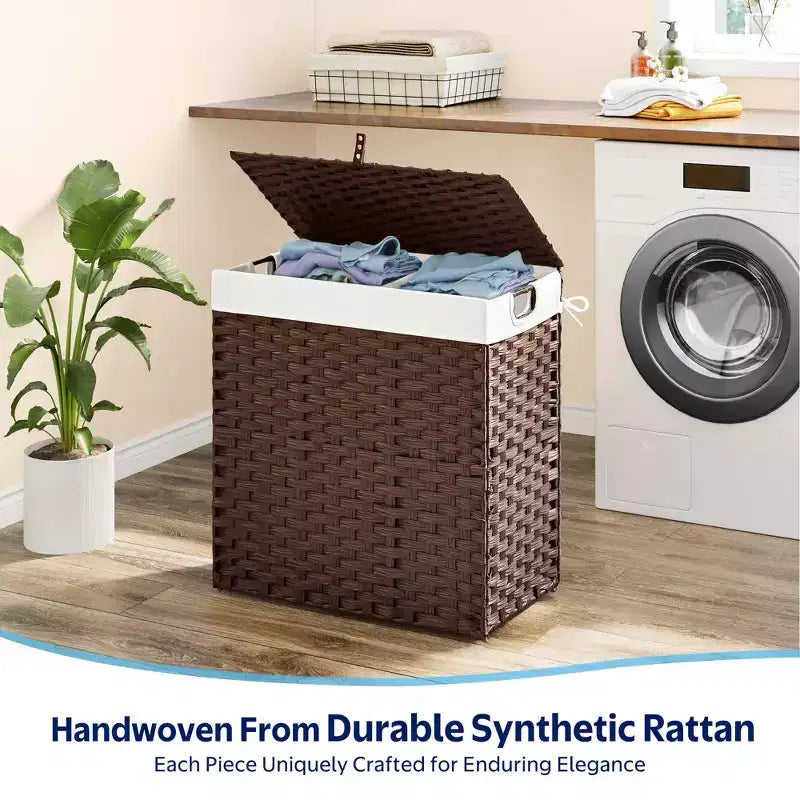 Greenstell Hand-woven, compartmentalized rattan laundry basket with 2 removable inner lining bags, lid, and handle, foldable