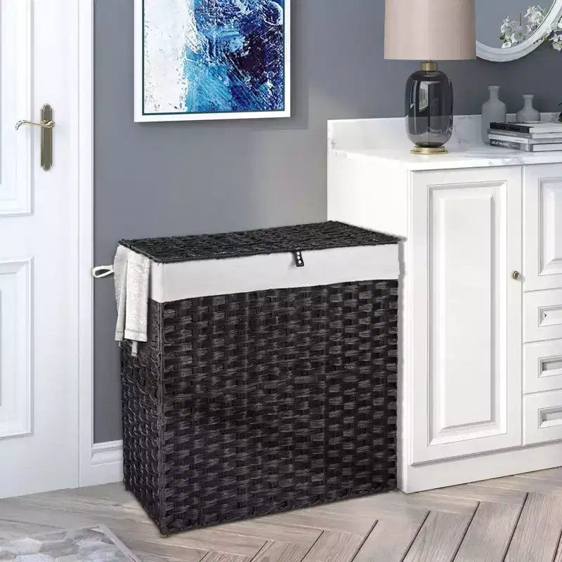 Greenstell Hand-woven, compartmentalized rattan laundry basket with 2 removable inner lining bags, lid, and handle, foldable