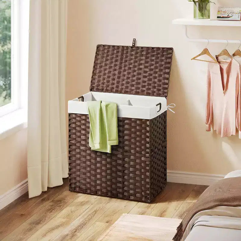 Greenstell Hand-woven, compartmentalized rattan laundry basket with 2 removable inner lining bags, lid, and handle, foldable