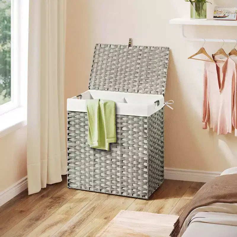 Greenstell Hand-woven, compartmentalized rattan laundry basket with 2 removable inner lining bags, lid, and handle, foldable