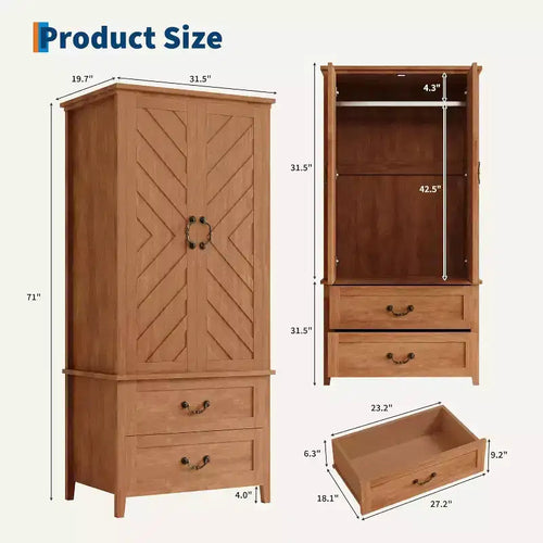 71.06 V Shape Armoire Farmhouse Wooden Tall Bedroom Armoire Closet Cabinet with 2 Doors & Drawers,Hanging Rod,Freestanding Large Storage Cabinet