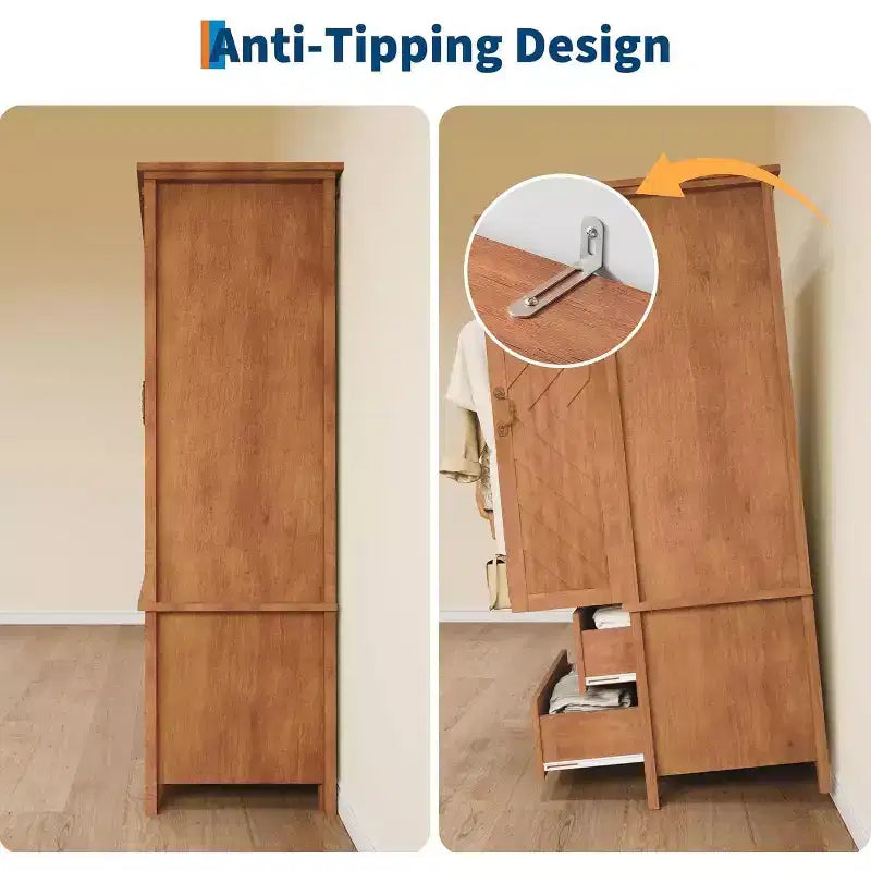 71.06 V Shape Armoire Farmhouse Wooden Tall Bedroom Armoire Closet Cabinet with 2 Doors & Drawers,Hanging Rod,Freestanding Large Storage Cabinet
