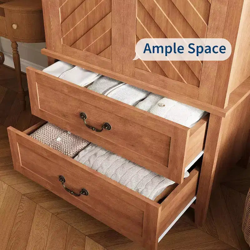 71.06 V Shape Armoire Farmhouse Wooden Tall Bedroom Armoire Closet Cabinet with 2 Doors & Drawers,Hanging Rod,Freestanding Large Storage Cabinet