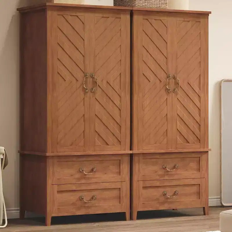 71.06 V Shape Armoire Farmhouse Wooden Tall Bedroom Armoire Closet Cabinet with 2 Doors & Drawers,Hanging Rod,Freestanding Large Storage Cabinet