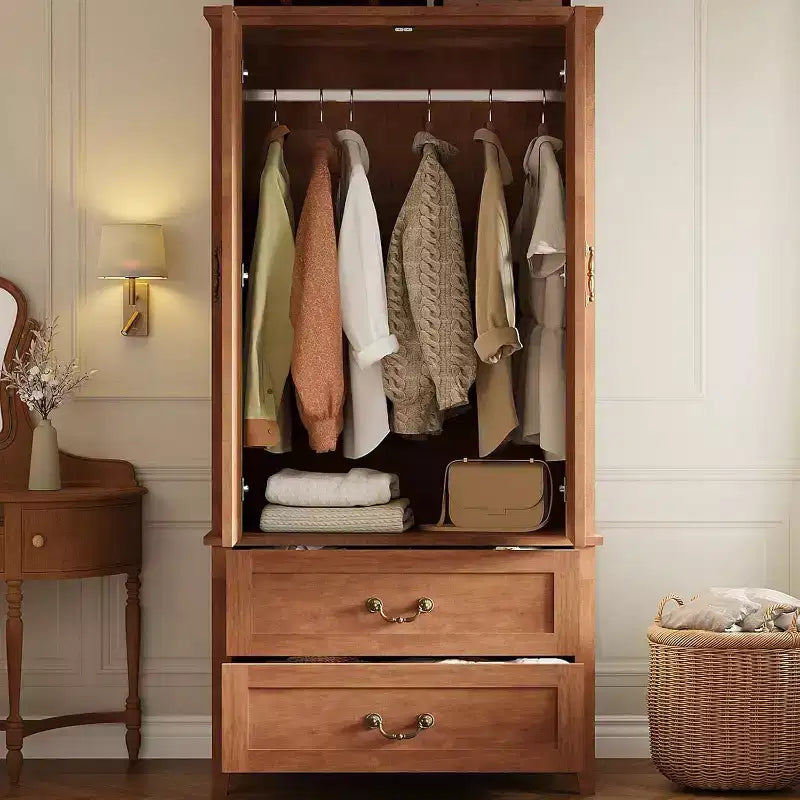 71.06 V Shape Armoire Farmhouse Wooden Tall Bedroom Armoire Closet Cabinet with 2 Doors & Drawers,Hanging Rod,Freestanding Large Storage Cabinet