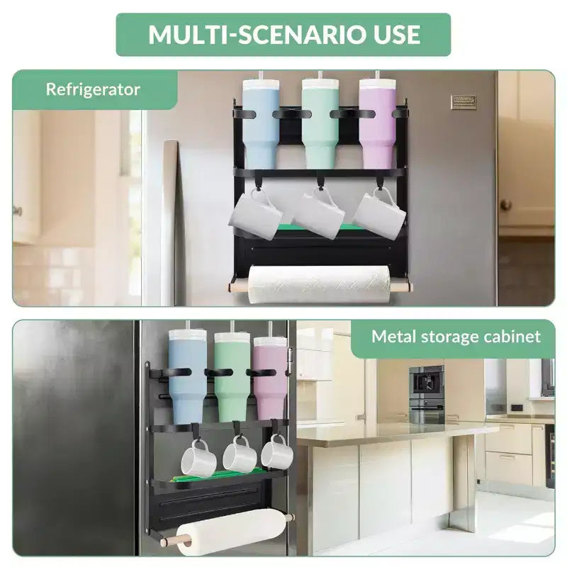 Magnetic Cup Holder for Refrigerator Side C Foldable Space-Saving Organizer with Shelf & Hooks, Holds 3 Large Cups, Sturdy Carbon Steel