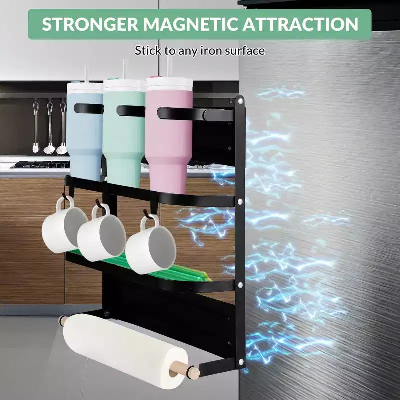 Magnetic Cup Holder for Refrigerator Side C Foldable Space-Saving Organizer with Shelf & Hooks, Holds 3 Large Cups, Sturdy Carbon Steel