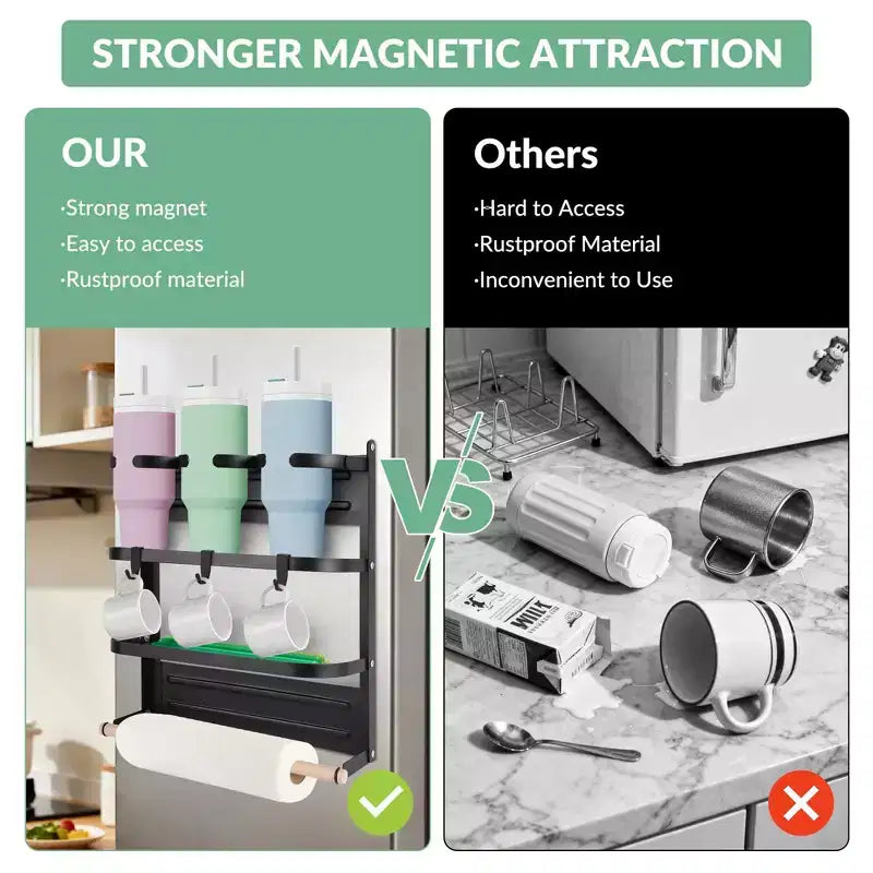 Magnetic Cup Holder for Refrigerator Side C Foldable Space-Saving Organizer with Shelf & Hooks, Holds 3 Large Cups, Sturdy Carbon Steel
