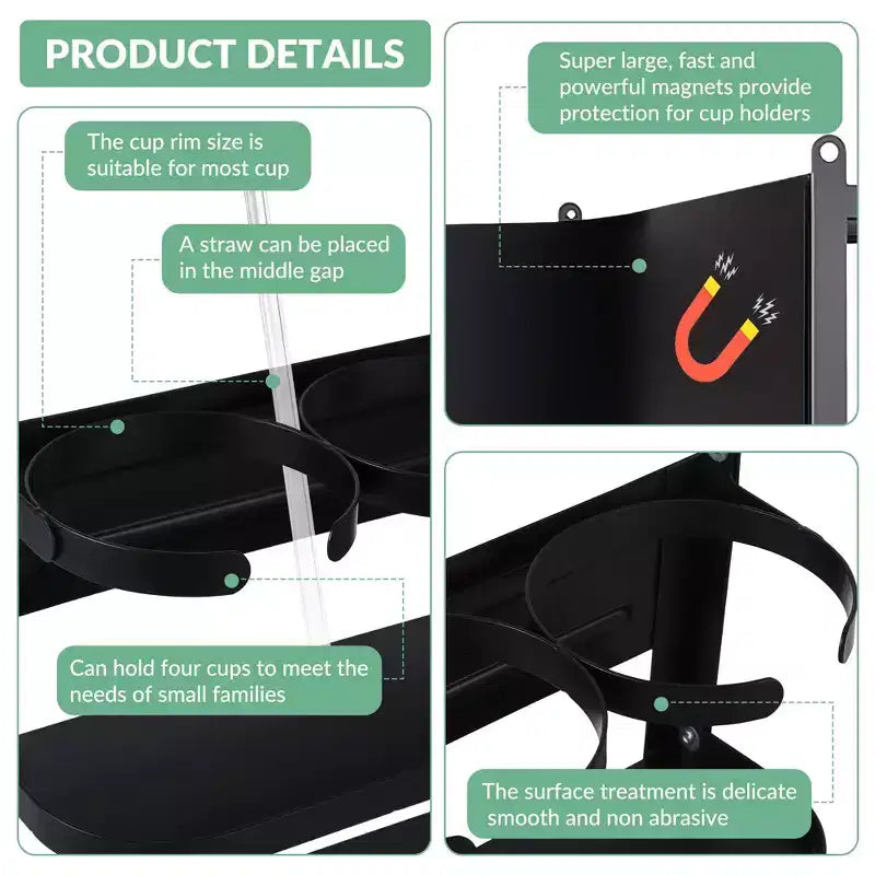 Magnetic Cup Holder for Refrigerator Side C Foldable Space-Saving Organizer with Shelf & Hooks, Holds 3 Large Cups, Sturdy Carbon Steel